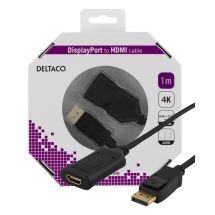 DELTACO DisplayPort - HDMI-kaapeli, aktiivinen, 4K 60Hz, 1m, mus
