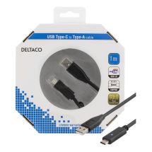 DELTACO USB 2.0 -kaapeli, 1m, Type C - Type A uros, musta