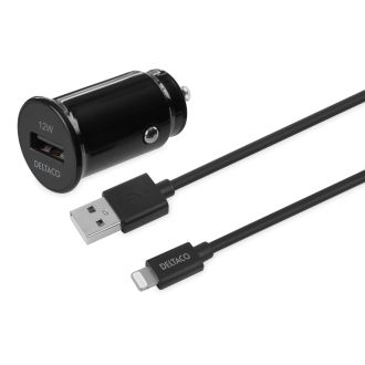 DELTACO USB car charger, 1x USB-A 2.4 A, 1 m Lightning cable, bl