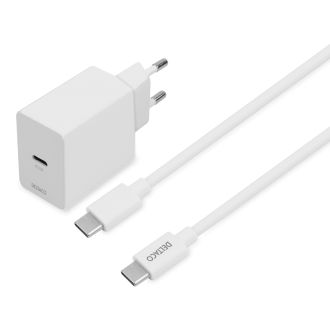 DELTACO USB-C wall charger, 1x USB-C PD 20 W, 1 m USB-C cable, w